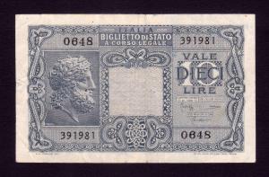 Italy 10 Lira 1944 VF Condition
