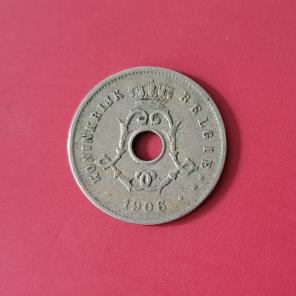 Belgium 5 Centimes - Léopold II 1906 - Copper-Nickel Hole Coin - Dia 19 mm